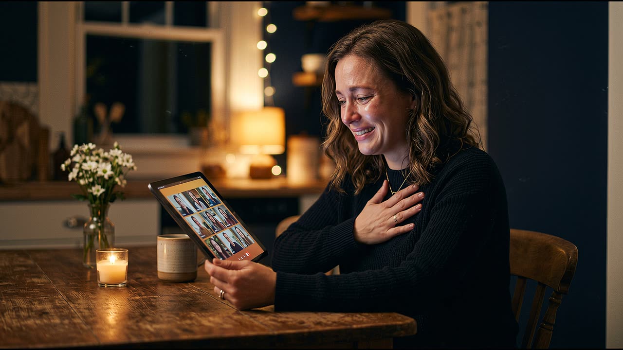 A woman at a candlelit kitchen table smiling through happy tears at a tablet full of video messages from loved ones